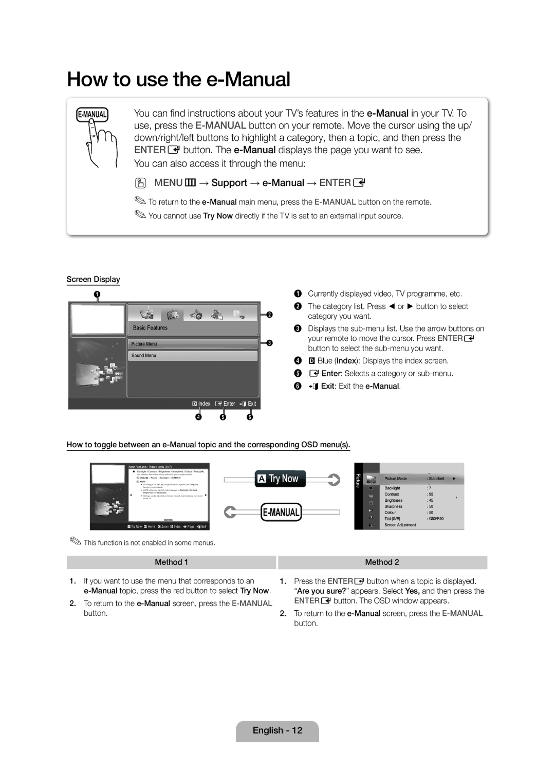 Samsung UE19D4000NWXRU manual ATry Now, Screen Display, Method, To return to the e-Manual screen, press the E-MANUALbutton 