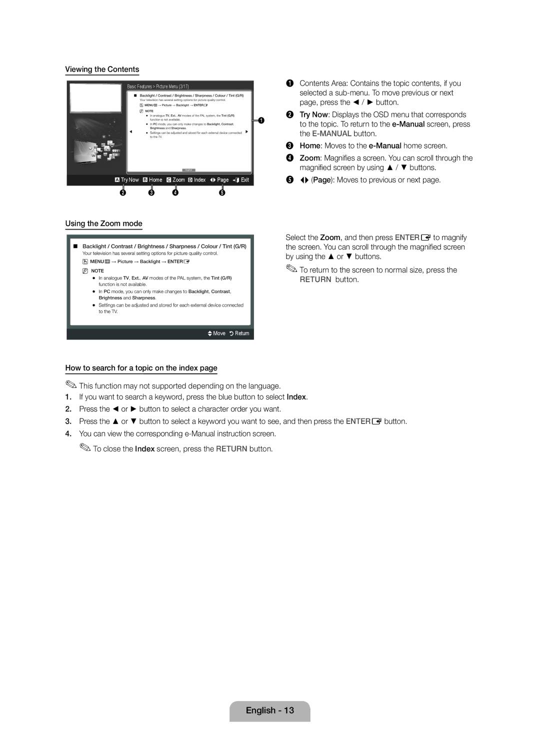 Samsung UE19D4010NWXRU, UE19D4000NWXRU Viewing the Contents, Using the Zoom mode, How to search for a topic on the index 