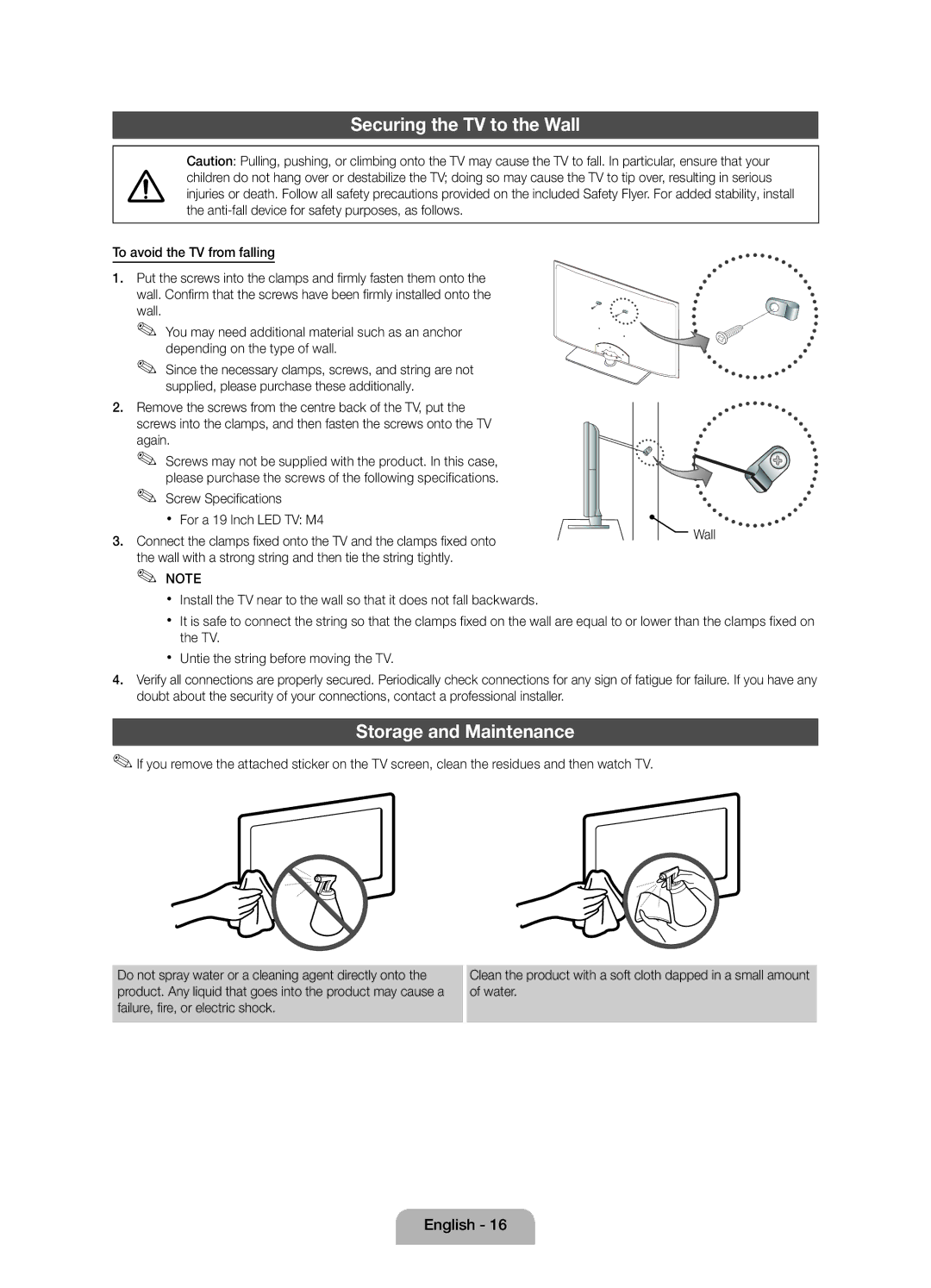 Samsung UE19D4010NWXRU, UE19D4000NWXRU Securing the TV to the Wall, Storage and Maintenance, To avoid the TV from falling 