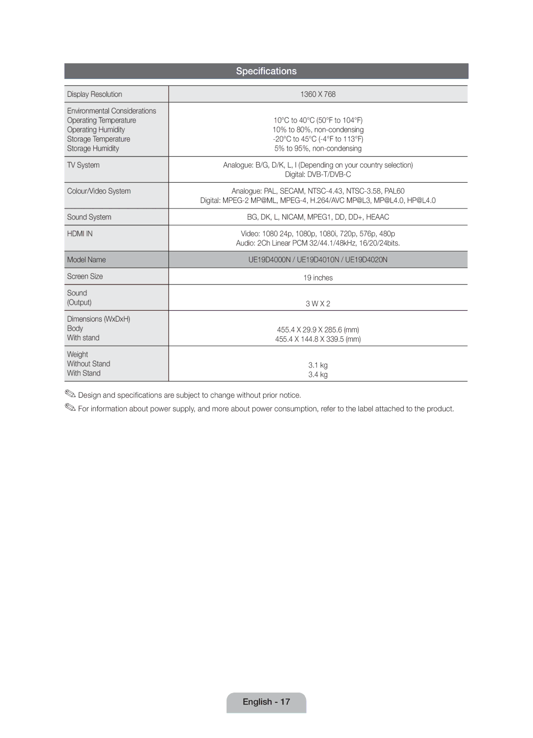 Samsung UE19D4020NWXRU manual Display Resolution, Operating Temperature, Operating Humidity, Storage Temperature, TV System 