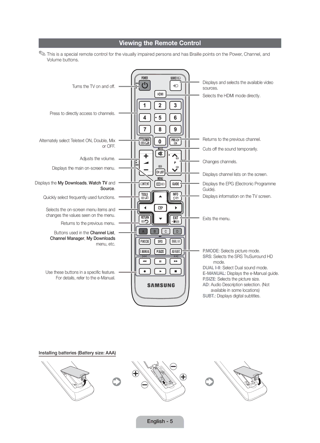 Samsung UE19D4020NWXRU, UE19D4000NWXRU Viewing the Remote Control, Sources, Press to directly access to channels, Or OFF 