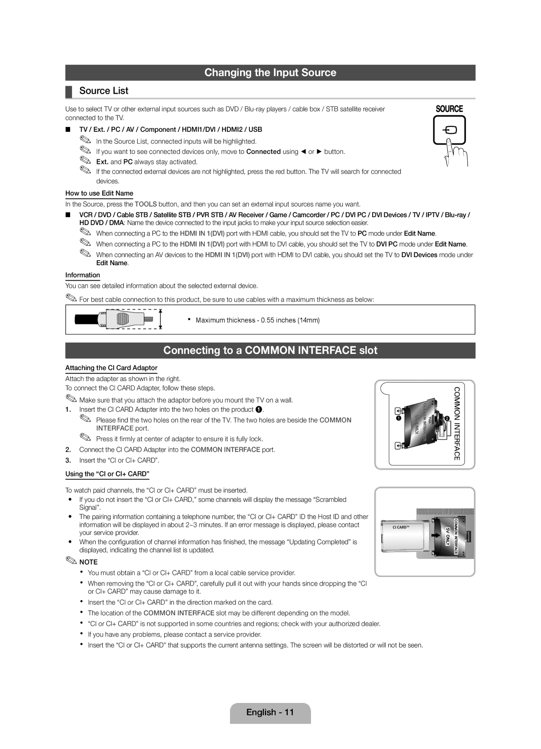 Samsung UE19D4010NWXZT, UE19D4000NWXXN manual Changing the Input Source, Connecting to a Common Interface slot, Source List 