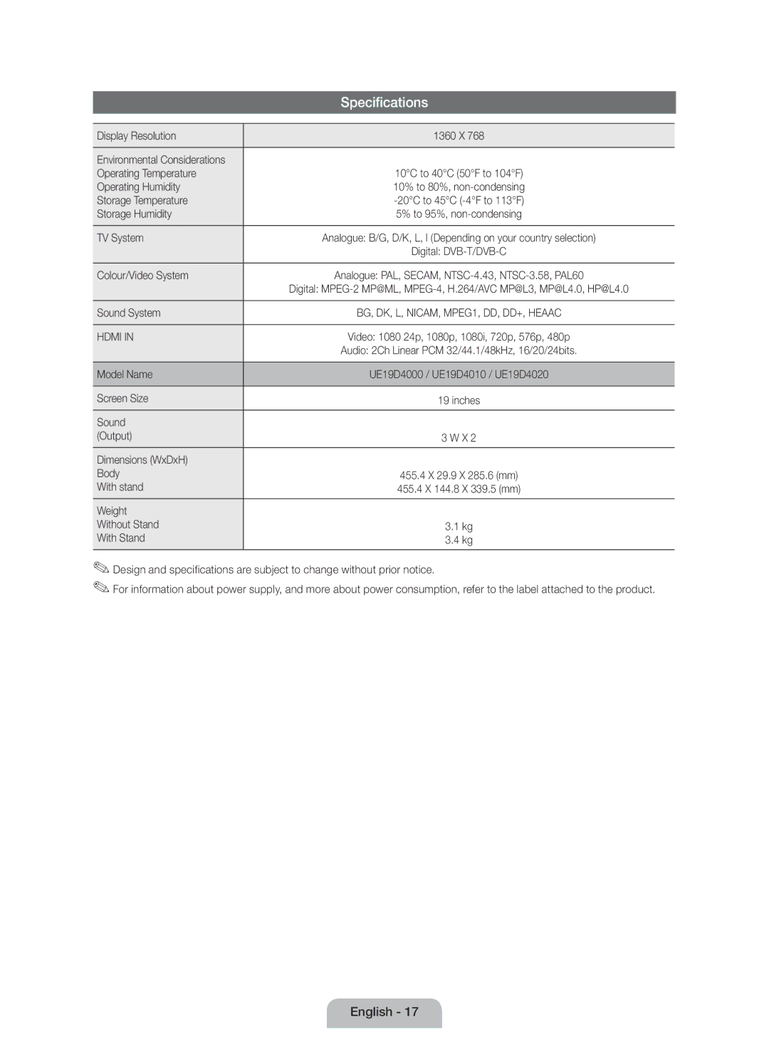 Samsung UE19D4010NWXZT manual Display Resolution, Operating Temperature, Operating Humidity, Storage Temperature, TV System 