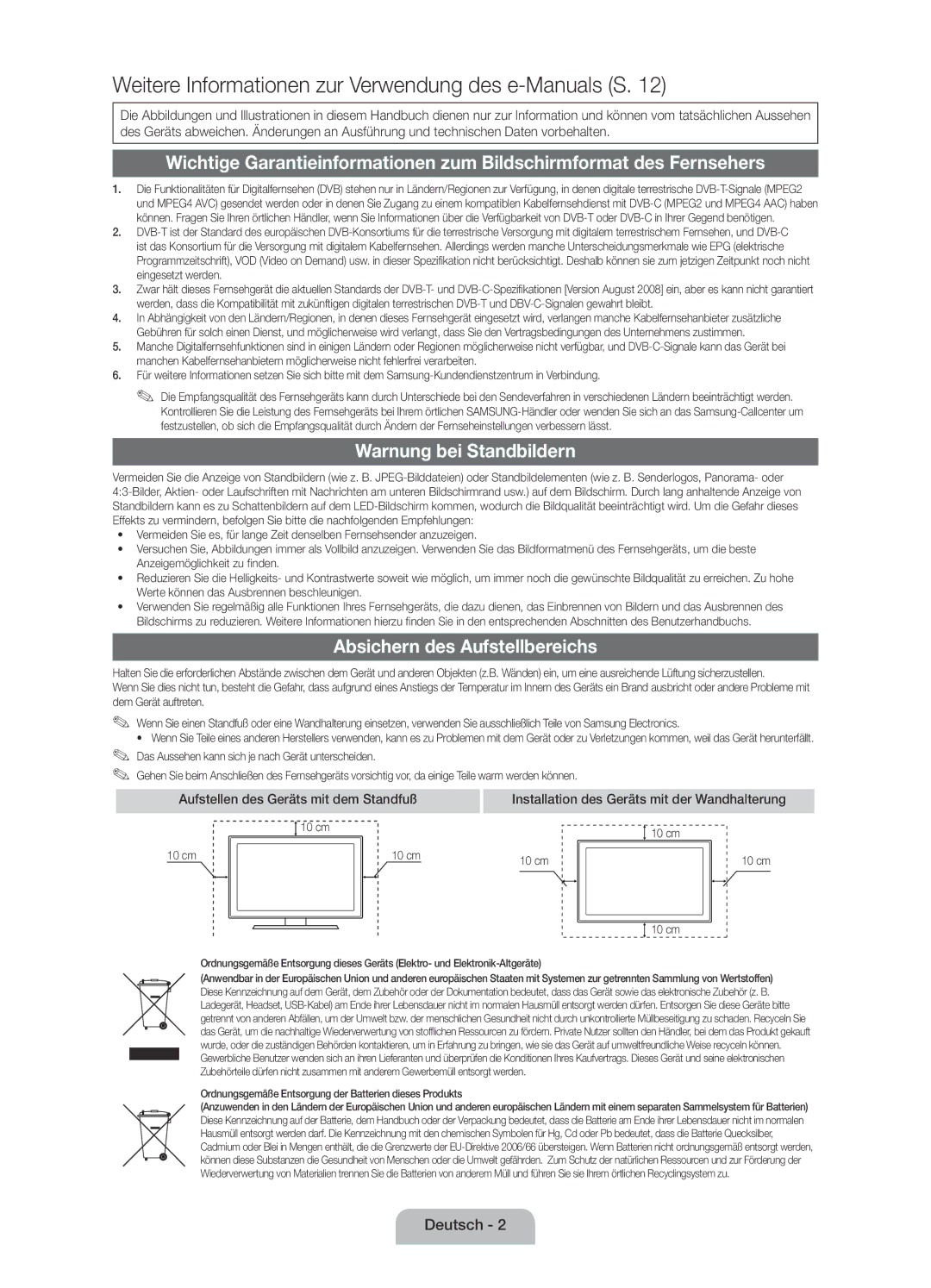 Samsung UE19D4000NWXXN Warnung bei Standbildern, Absichern des Aufstellbereichs, Aufstellen des Geräts mit dem Standfuß 