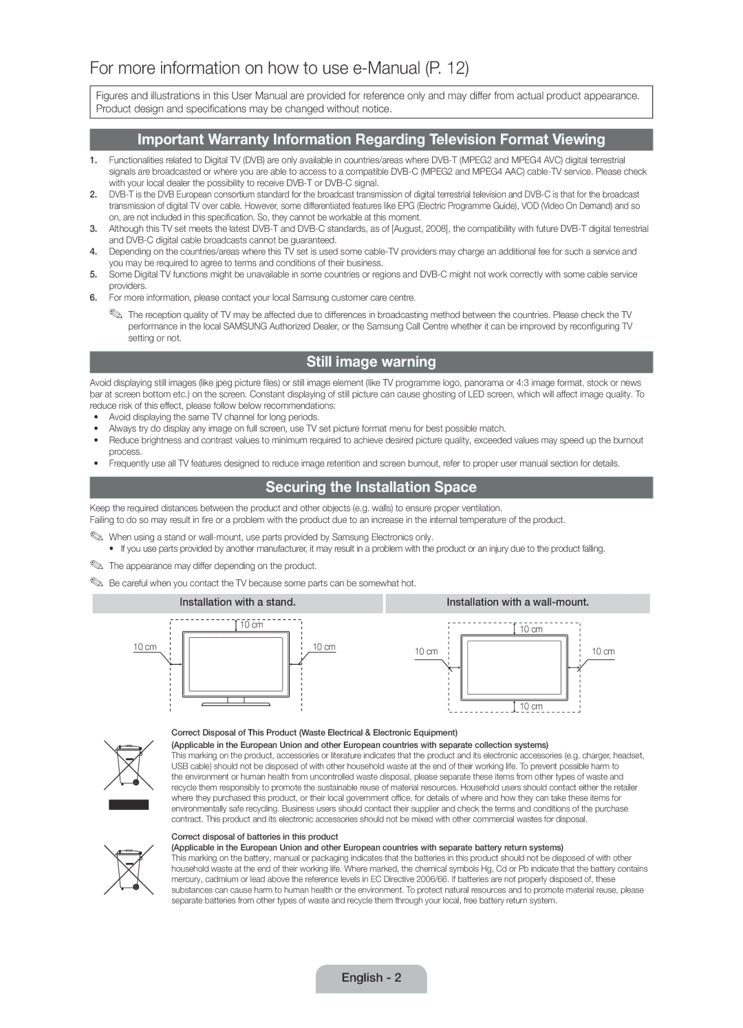 Samsung UE19D4010NWXXN manual Still image warning, Securing the Installation Space, Installation with a stand, 10 cm 