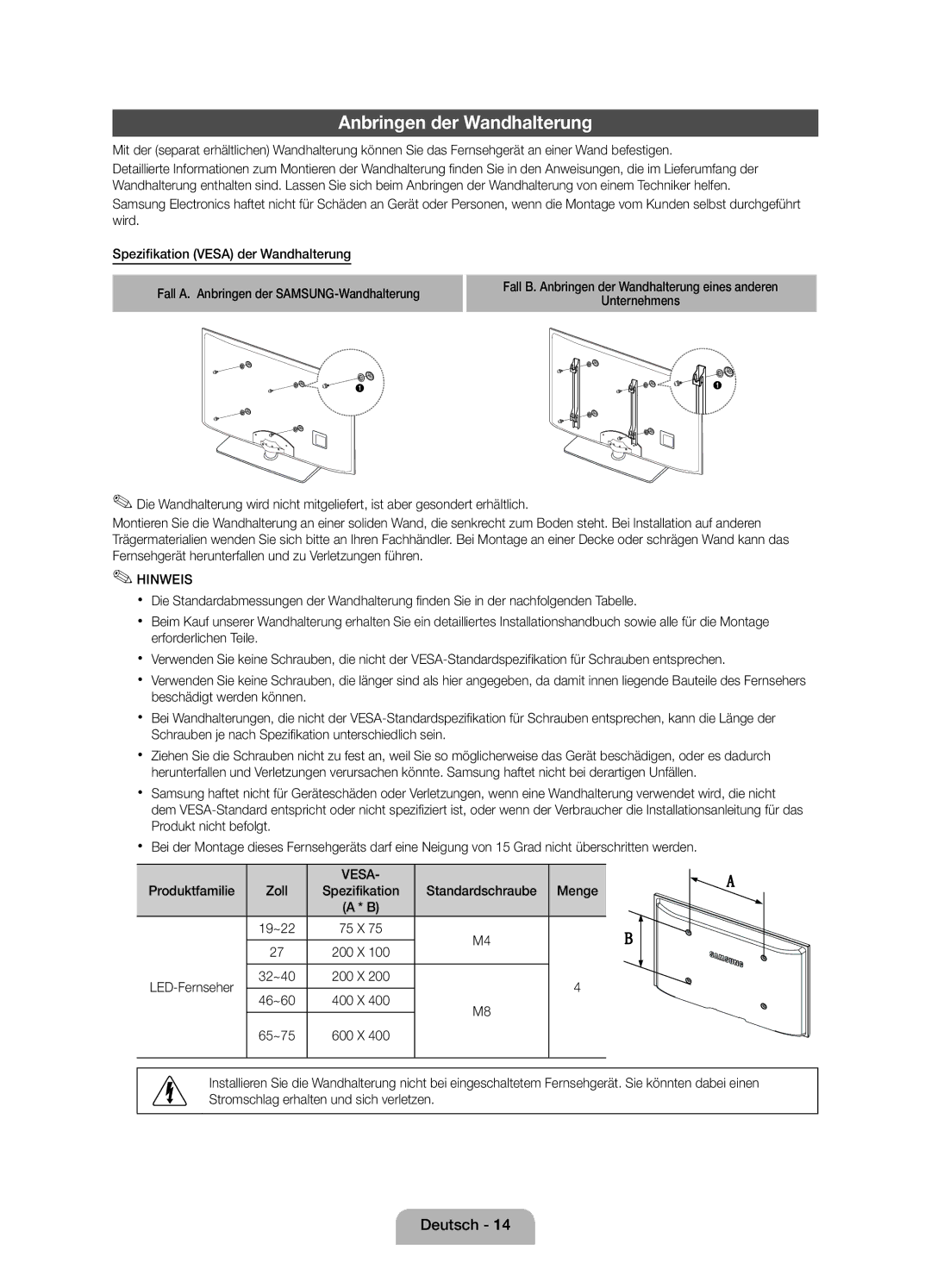 Samsung UE19D4000NWXXN manual Anbringen der Wandhalterung, Produktfamilie Zoll, Menge, LED-Fernseher, Spezifikation 