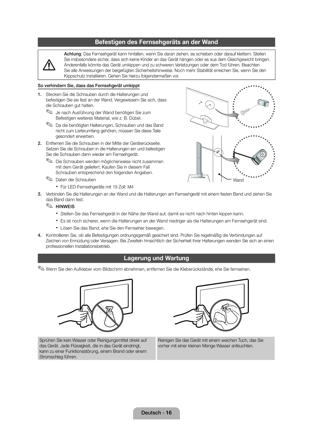 Samsung UE19D4010NWXXN manual Befestigen des Fernsehgeräts an der Wand, Lagerung und Wartung, Die Schrauben gut halten 