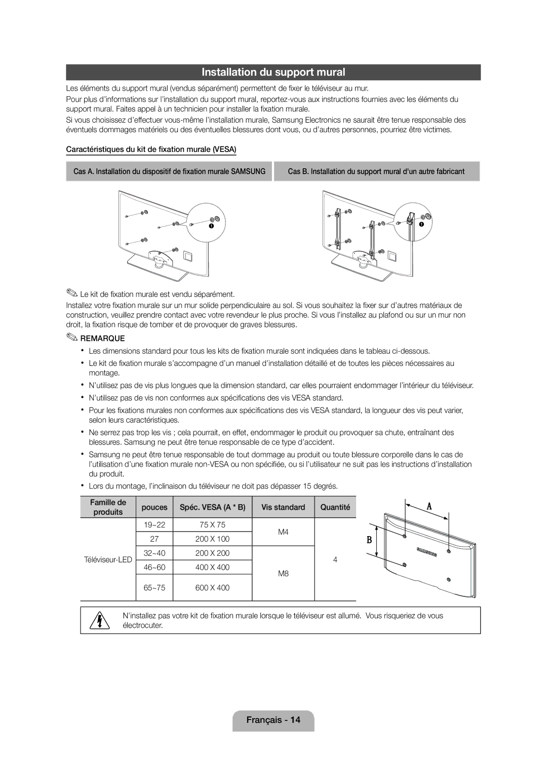 Samsung UE19D4000NWXZT, UE19D4000NWXXN manual Installation du support mural, Caractéristiques du kit de fixation murale Vesa 