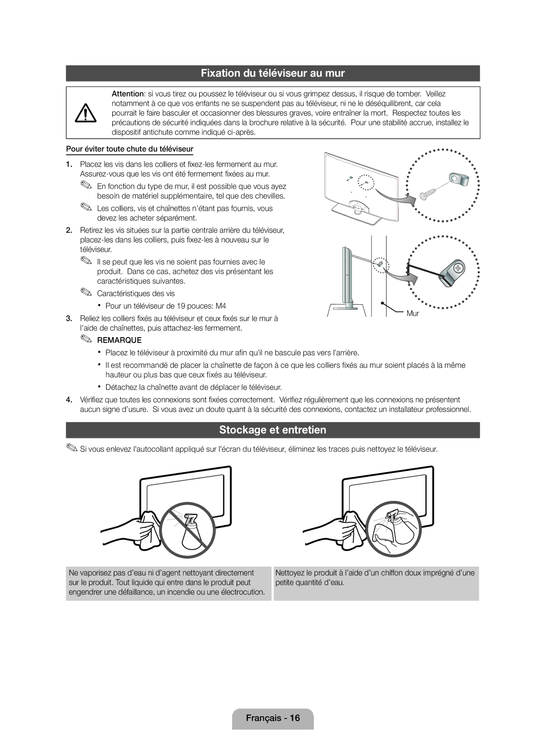 Samsung UE19D4000NWXXN Fixation du téléviseur au mur, Stockage et entretien, Pour éviter toute chute du téléviseur, Mur 