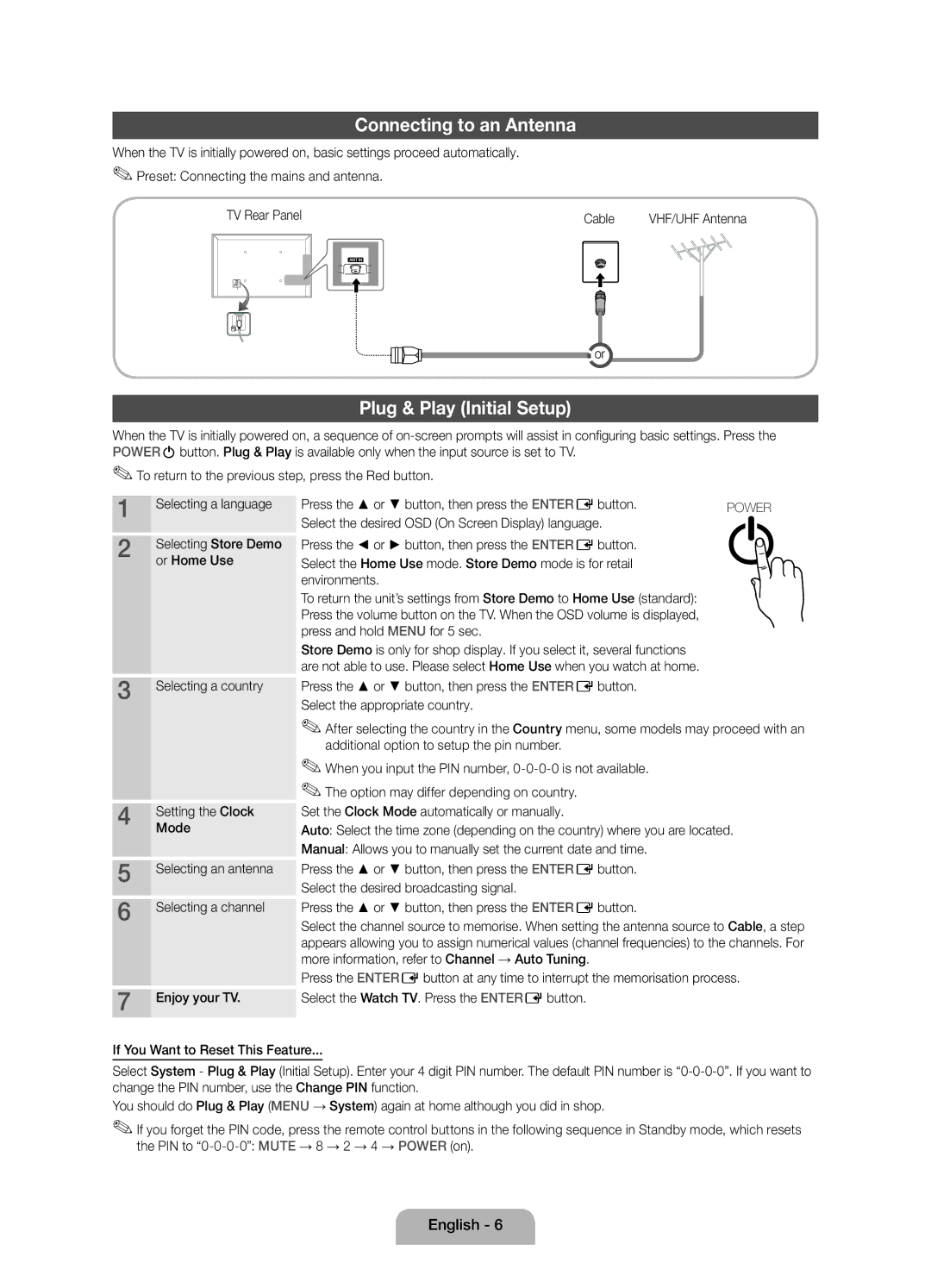 Samsung UE19D4000NWXXN, UE19D4000NWXZG, UE19D4010NWXXN Connecting to an Antenna, Plug & Play Initial Setup, Or Home Use 