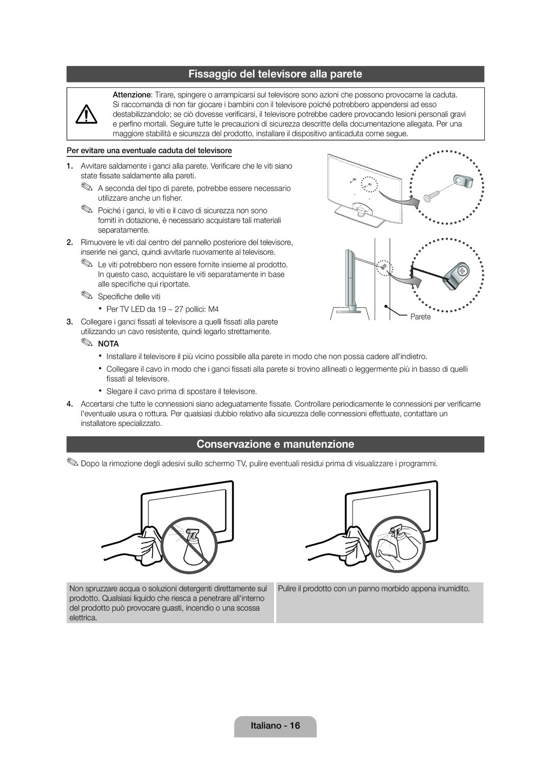 Samsung UE19D4000NWXZT, UE19D4000NWXXN, UE19D4000NWXZG Fissaggio del televisore alla parete, Conservazione e manutenzione 