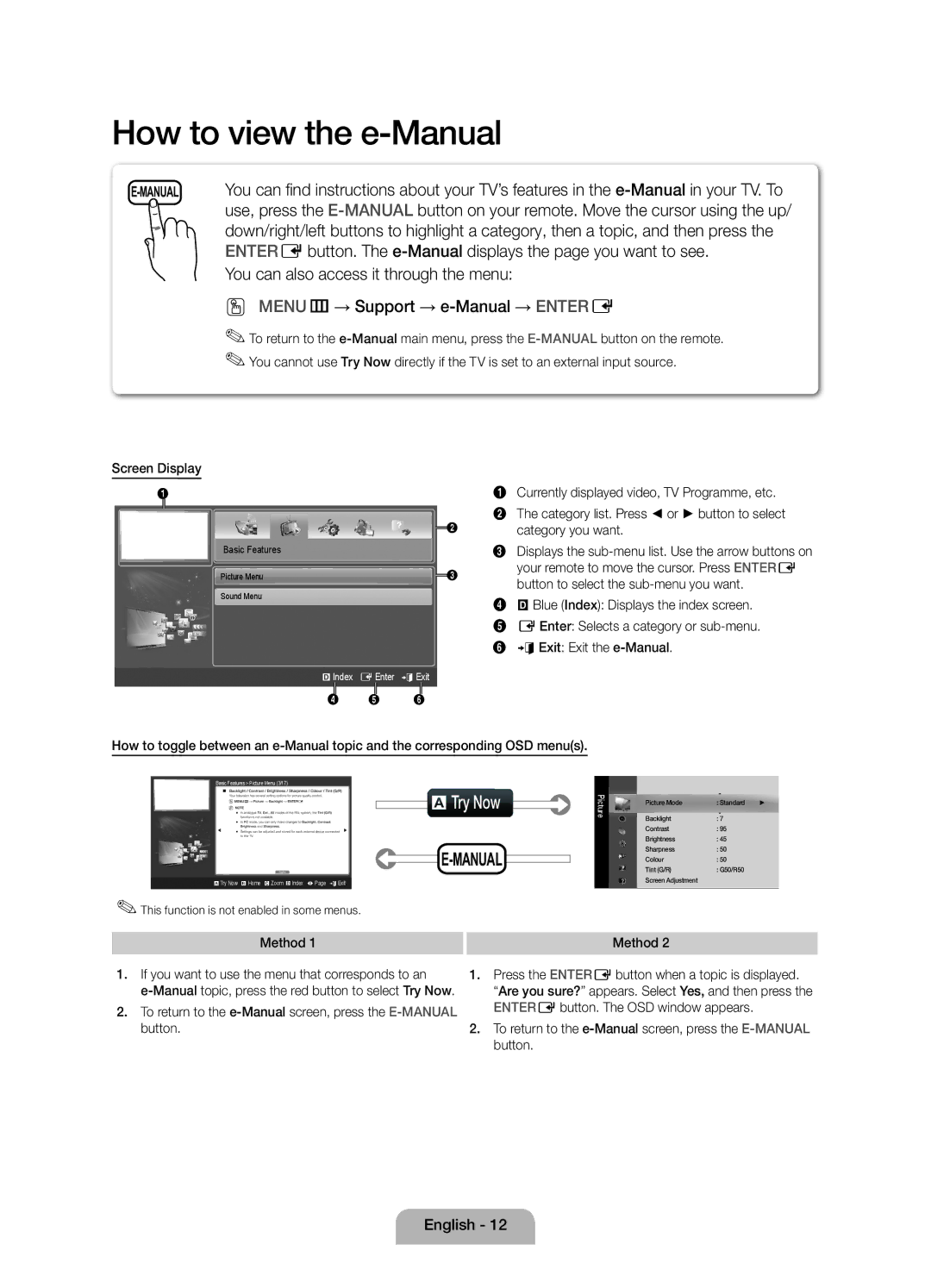 Samsung UE19D4000NWXZF, UE19D4010NWXZF Screen Display, Method, To return to the e-Manual screen, press the E-MANUALbutton 