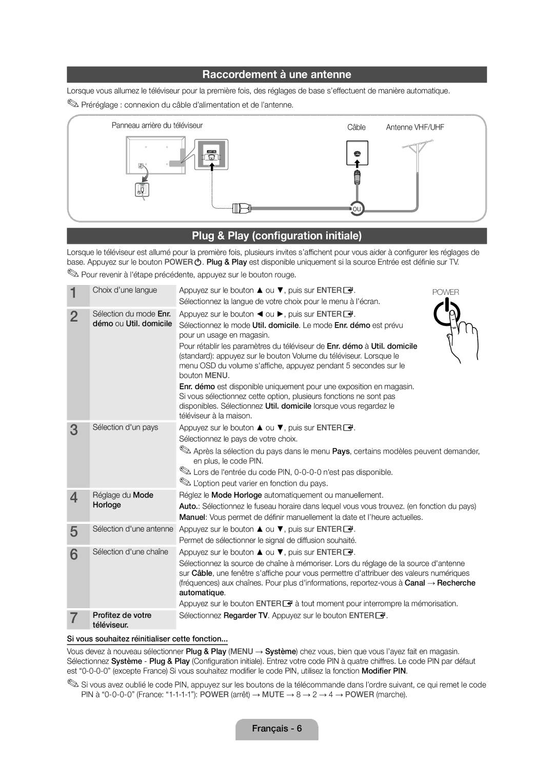 Samsung UE19D4000NWXZF Raccordement à une antenne, Plug & Play configuration initiale, Téléviseur, Sélection dun pays 