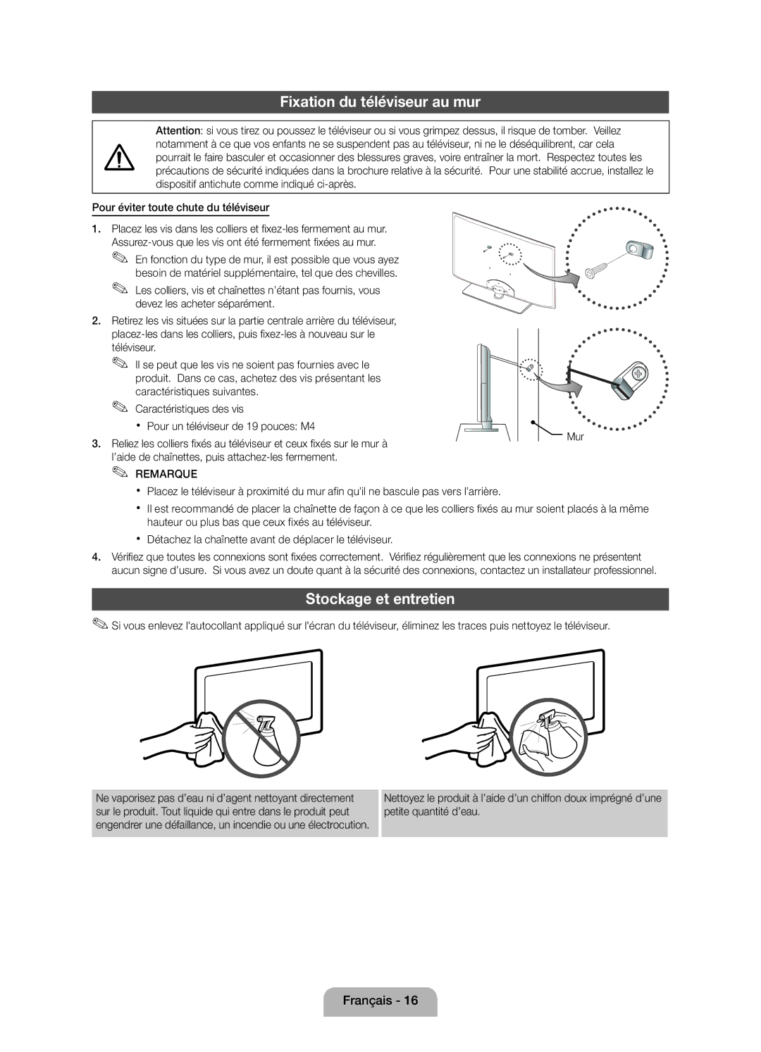 Samsung UE19D4000NWXZF Fixation du téléviseur au mur, Stockage et entretien, Pour éviter toute chute du téléviseur, Mur 