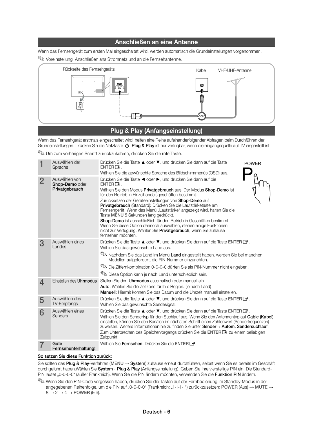 Samsung UE19D4000NWXZF manual Anschließen an eine Antenne, Plug & Play Anfangseinstellung, Auswählen von, Privatgebrauch 