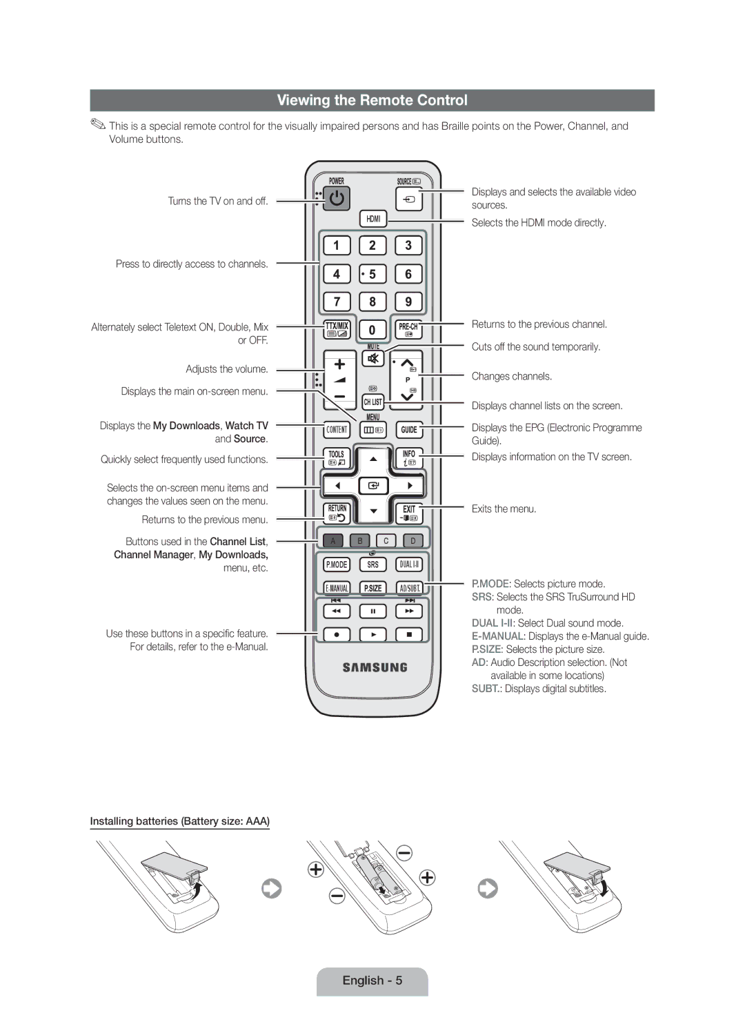 Samsung UE19D4010NWXZF, UE19D4000NWXZF Viewing the Remote Control, Sources, Press to directly access to channels, Or OFF 