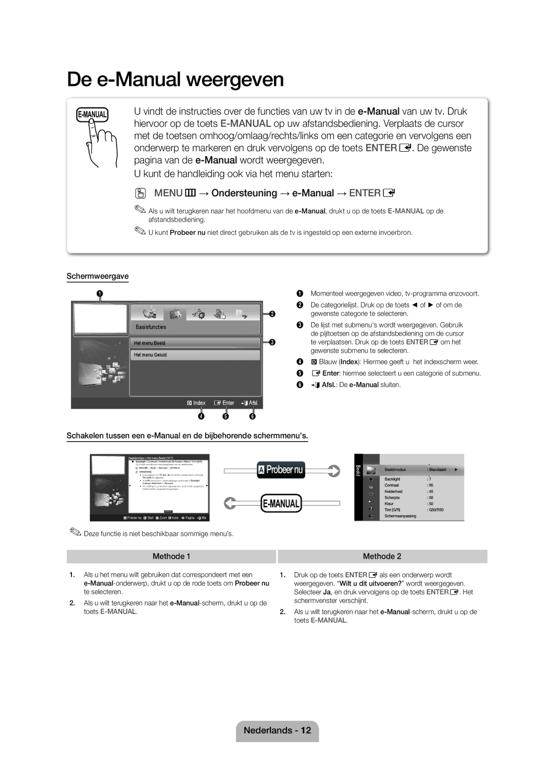 Samsung UE19D4000NWXZF, UE19D4010NWXZF manual Pagina van de e-Manual wordt weergegeven, Schermweergave, Methode 