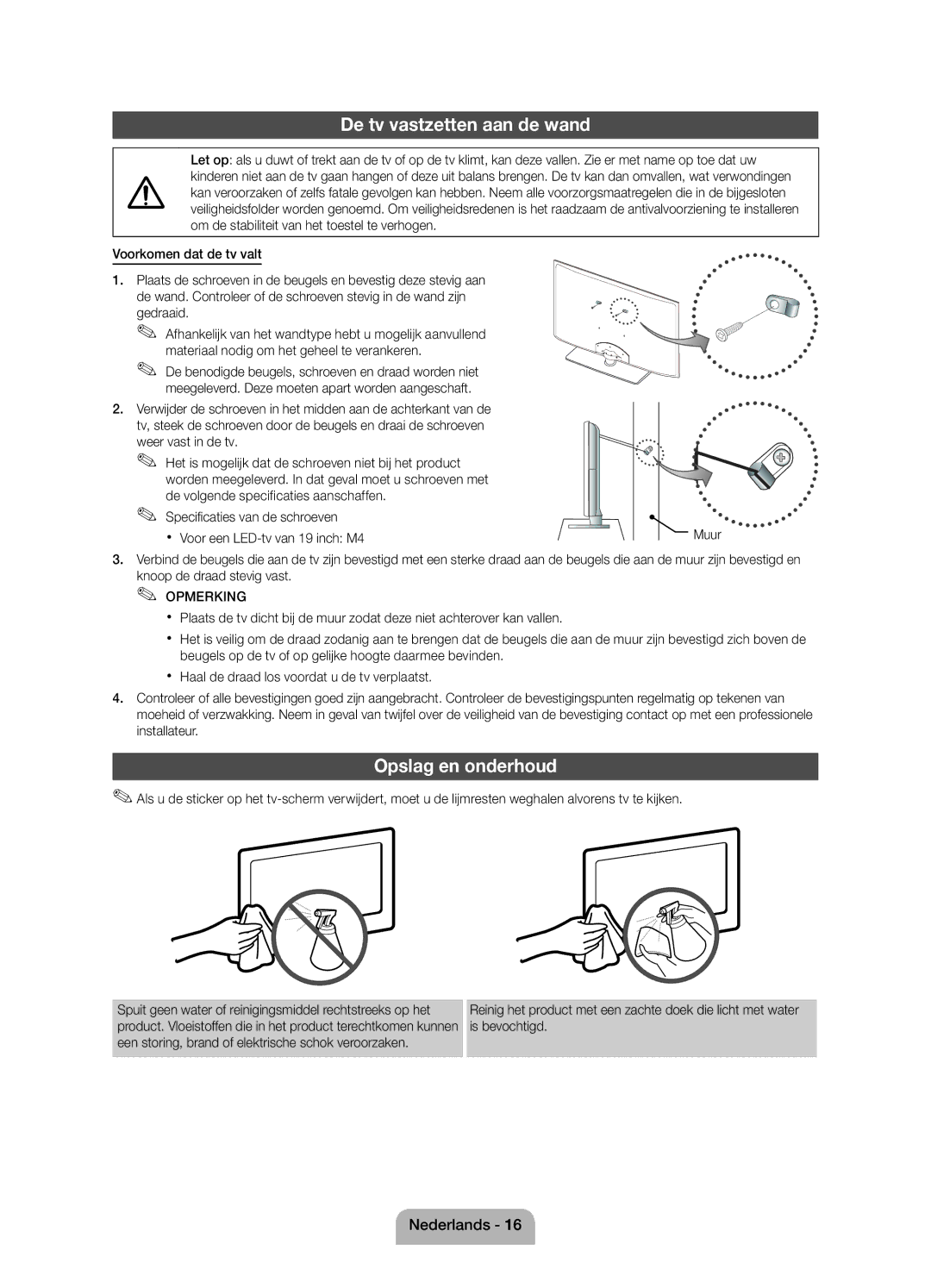 Samsung UE19D4000NWXZF manual De tv vastzetten aan de wand, Opslag en onderhoud, Voorkomen dat de tv valt, Gedraaid, Muur 