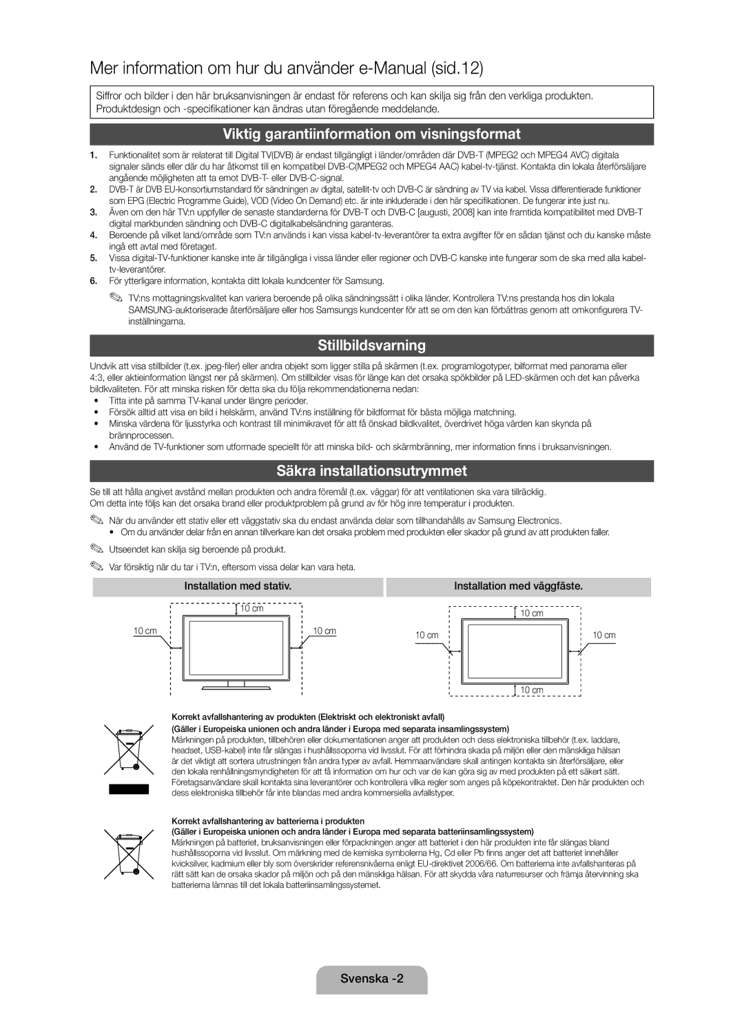 Samsung UE19D4015NWXXE manual Viktig garantiinformation om visningsformat, Stillbildsvarning, Säkra installationsutrymmet 