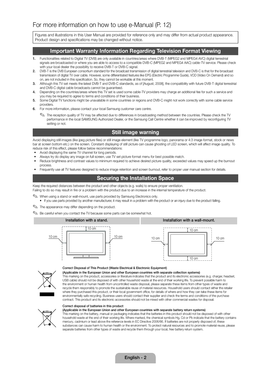 Samsung UE19D4015NWXXE manual Still image warning, Securing the Installation Space, Installation with a stand, 10 cm 