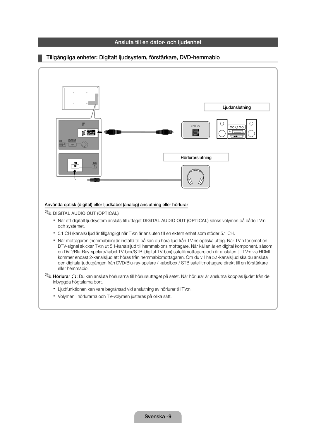 Samsung UE19D4005NWXXE, UE19D4015NWXXE manual Ansluta till en dator- och ljudenhet, Ljudanslutning 