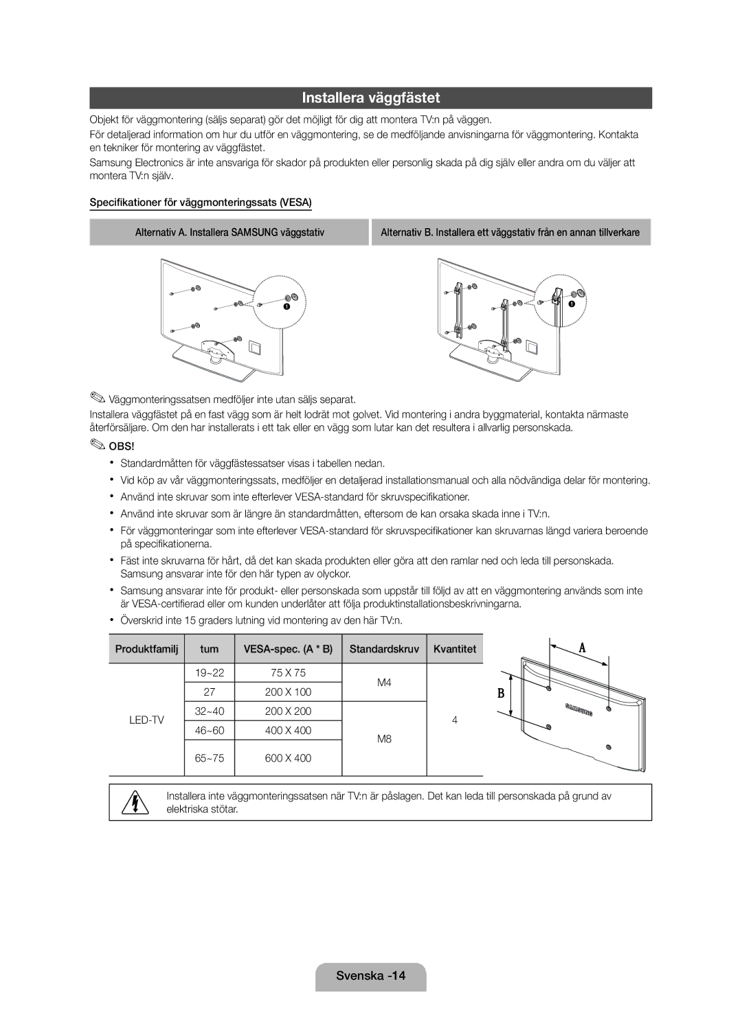 Samsung UE19D4015NWXXE, UE19D4005NWXXE manual Installera väggfästet, 19~22 75 X 200 X 