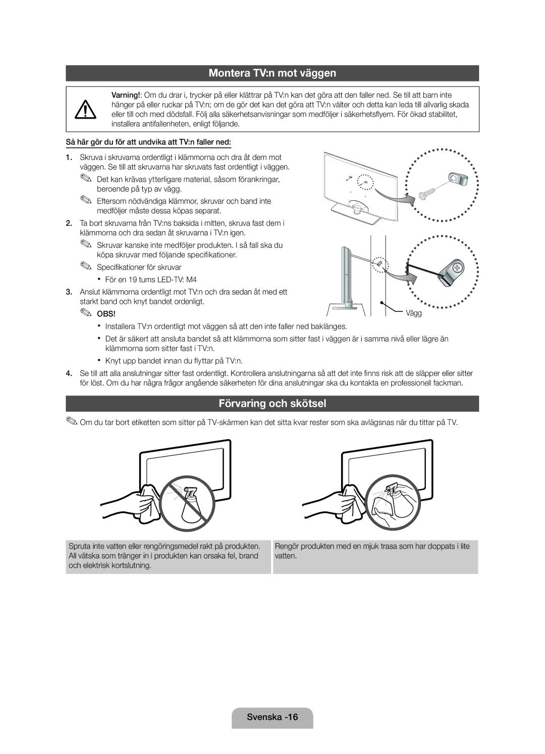 Samsung UE19D4015NWXXE, UE19D4005NWXXE manual Montera TVn mot väggen, Förvaring och skötsel 