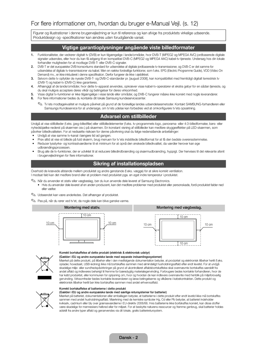 Samsung UE19D4015NWXXE manual Vigtige garantioplysninger angående viste billedformater, Sikring af installationspladsen 