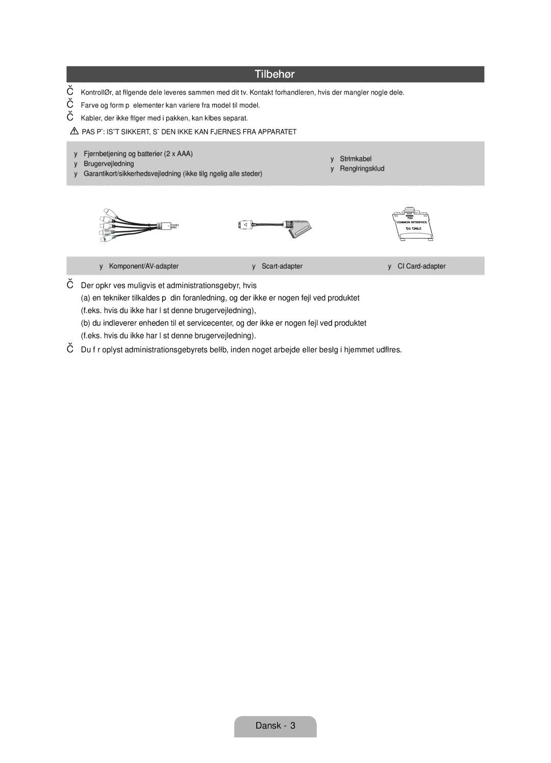 Samsung UE19D4005NWXXE, UE19D4015NWXXE manual Tilbehør, Yy Komponent/AV-adapter Yy Scart-adapter 