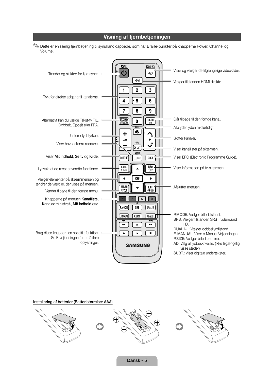 Samsung UE19D4005NWXXE manual Visning af fjernbetjeningen, Dobbelt, Opdelt eller FRA, Viser Mit indhold, Se tv og Kilde 