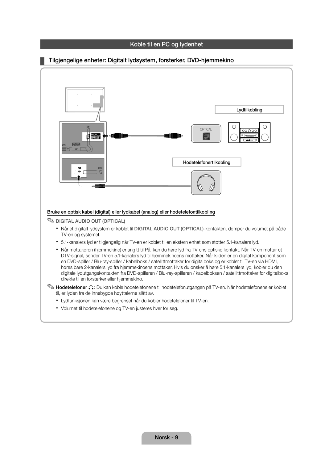 Samsung UE19D4005NWXXE, UE19D4015NWXXE manual Koble til en PC og lydenhet, Lydtilkobling 