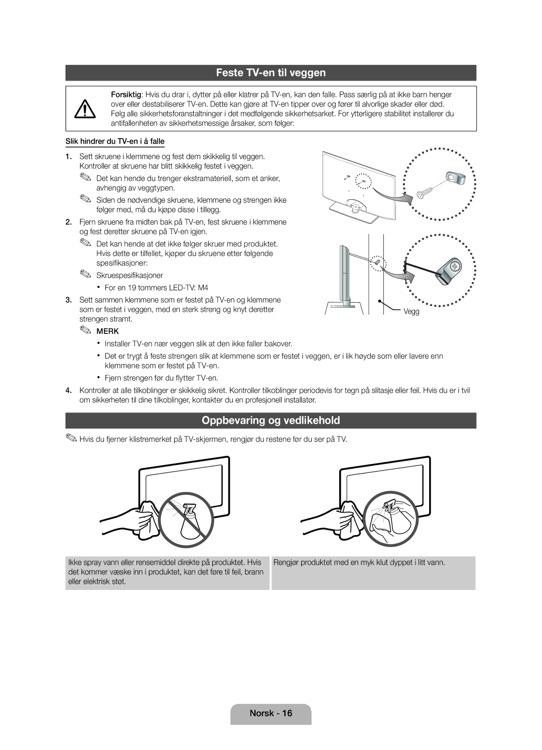 Samsung UE19D4015NWXXE, UE19D4005NWXXE manual Feste TV-en til veggen, Oppbevaring og vedlikehold, Strengen stramt 