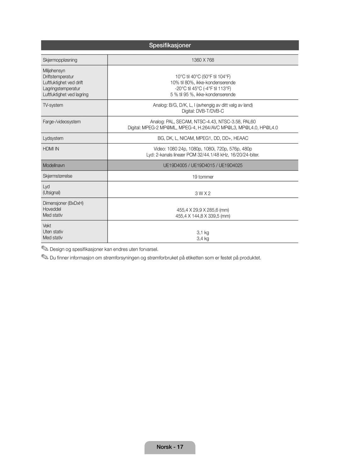 Samsung UE19D4005NWXXE, UE19D4015NWXXE manual Spesifikasjoner 