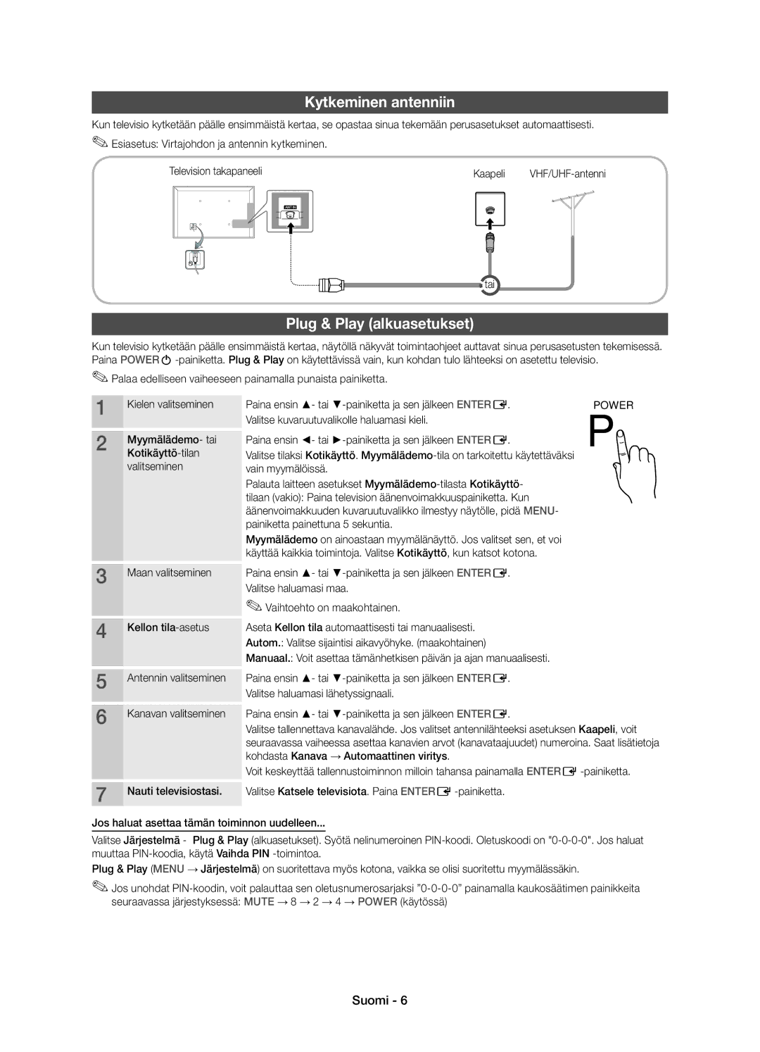 Samsung UE19D4015NWXXE, UE19D4005NWXXE manual Kytkeminen antenniin, Plug & Play alkuasetukset 