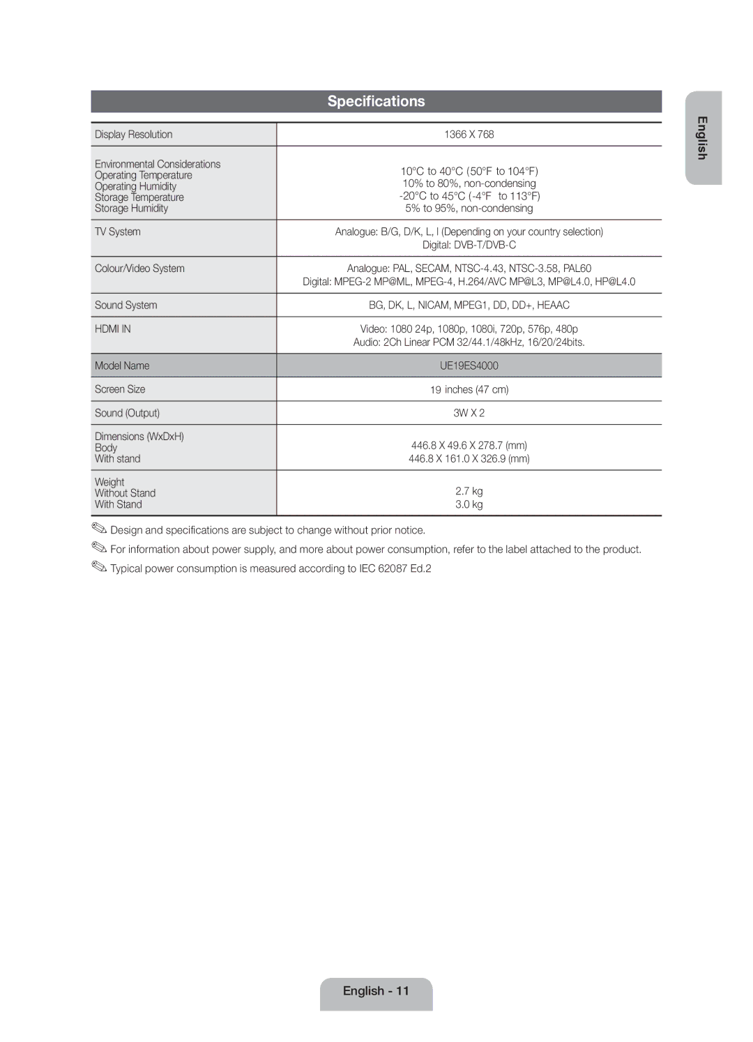 Samsung UE19ES4000WXZF manual Specifications 