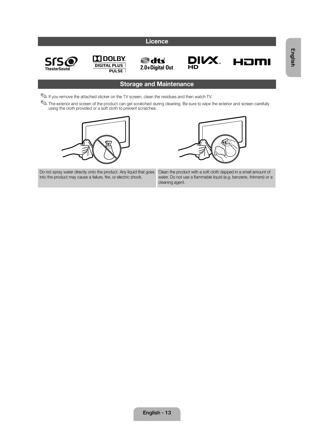 Samsung UE19ES4000WXZF manual Licence, Storage and Maintenance 