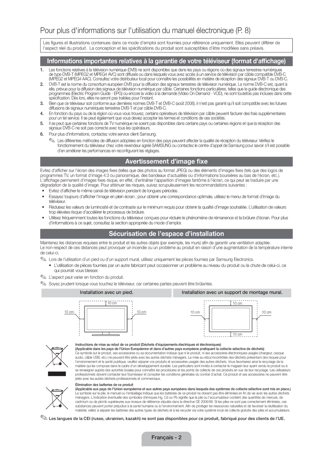 Samsung UE19ES4000WXZF Avertissement d’image fixe, Sécurisation de l’espace d’installation, Installation avec un pied 