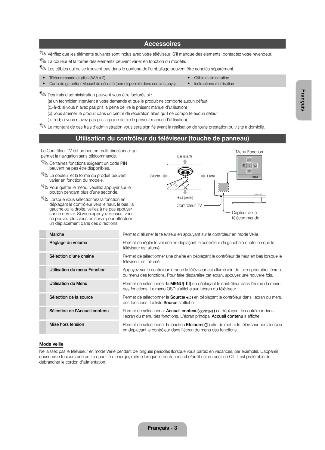 Samsung UE19ES4000WXZF manual Accessoires, Utilisation du contrôleur du téléviseur touche de panneau, Mode Veille 