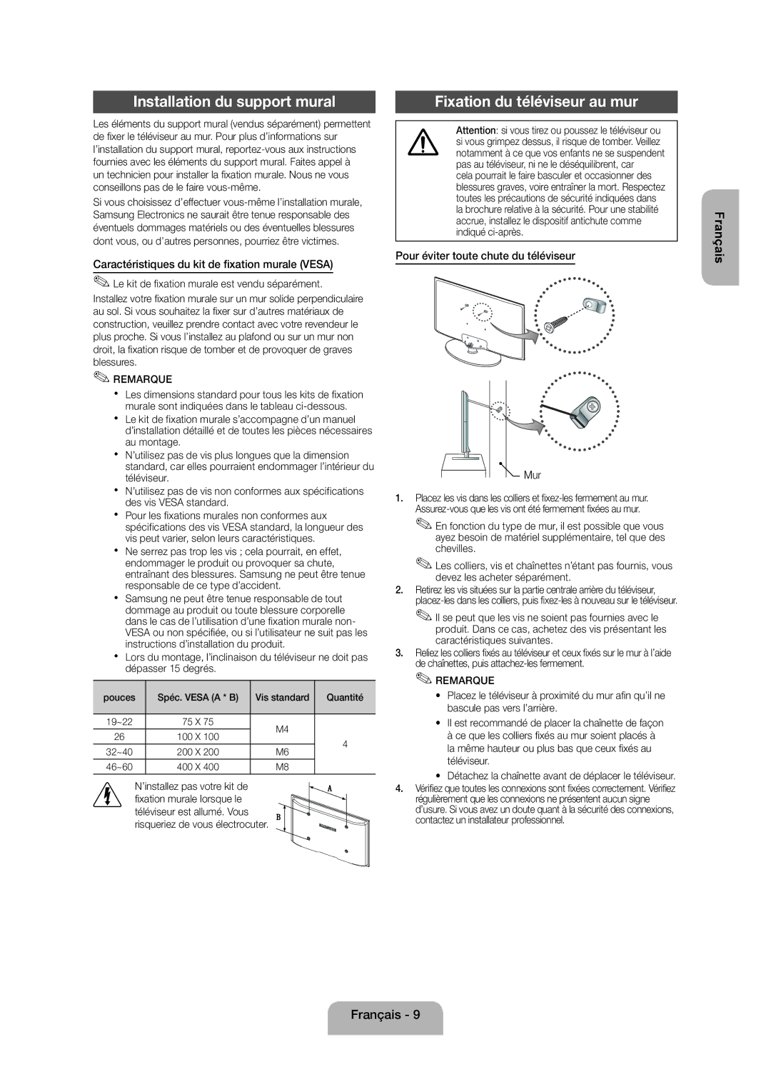 Samsung UE19ES4000WXZF manual Installation du support mural, Fixation du téléviseur au mur 