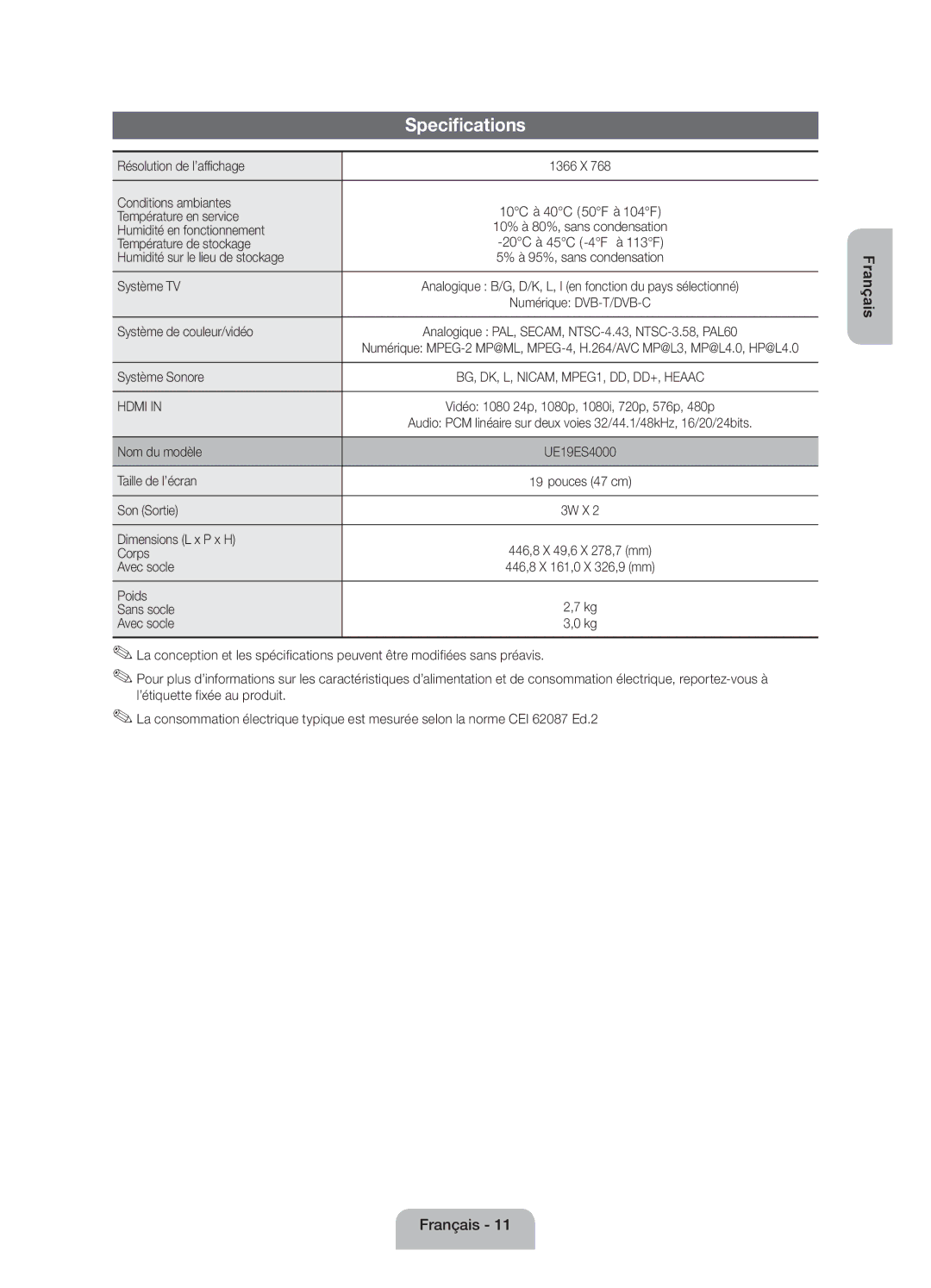 Samsung UE19ES4000WXZF Résolution de l’affichage, Conditions ambiantes, Température en service, Humidité en fonctionnement 