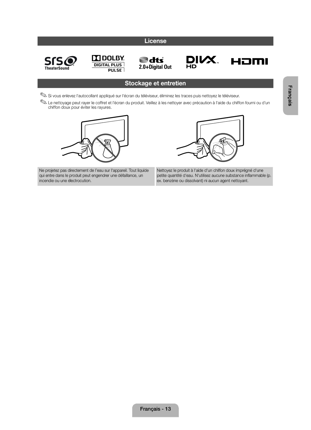 Samsung UE19ES4000WXZF manual License Stockage et entretien 