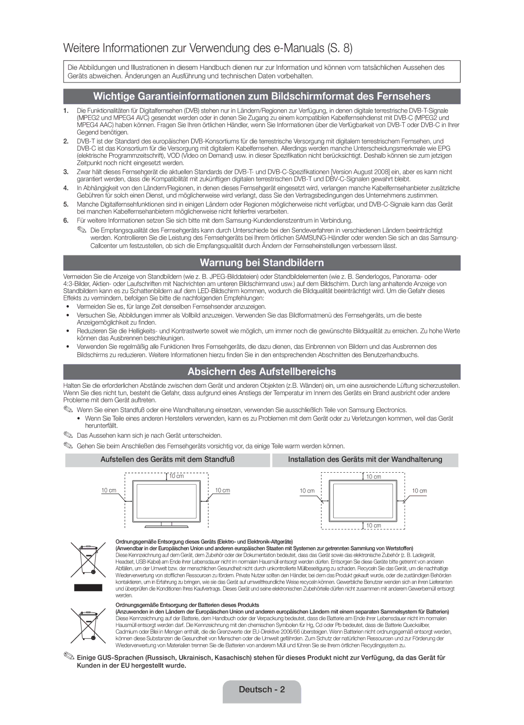 Samsung UE19ES4000WXZF manual Warnung bei Standbildern, Absichern des Aufstellbereichs 