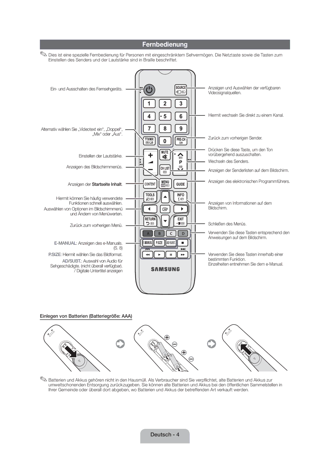 Samsung UE19ES4000WXZF manual Fernbedienung, Einlegen von Batterien Batteriegröße AAA 