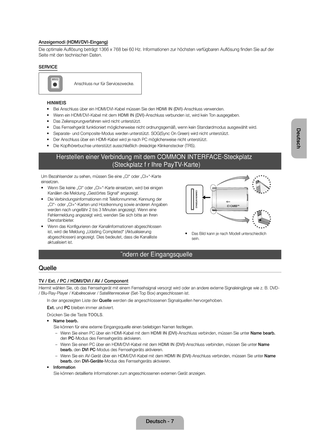 Samsung UE19ES4000WXZF manual Ändern der Eingangsquelle, Anschluss nur für Servicezwecke 