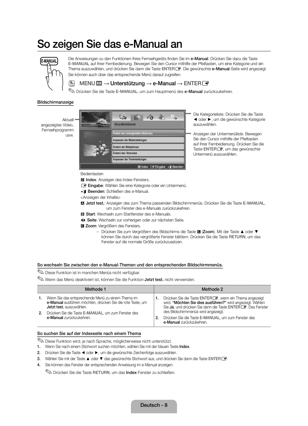 Samsung UE19ES4000WXZF manual Bildschirmanzeige, Methode, So suchen Sie auf der Indexseite nach einem Thema 