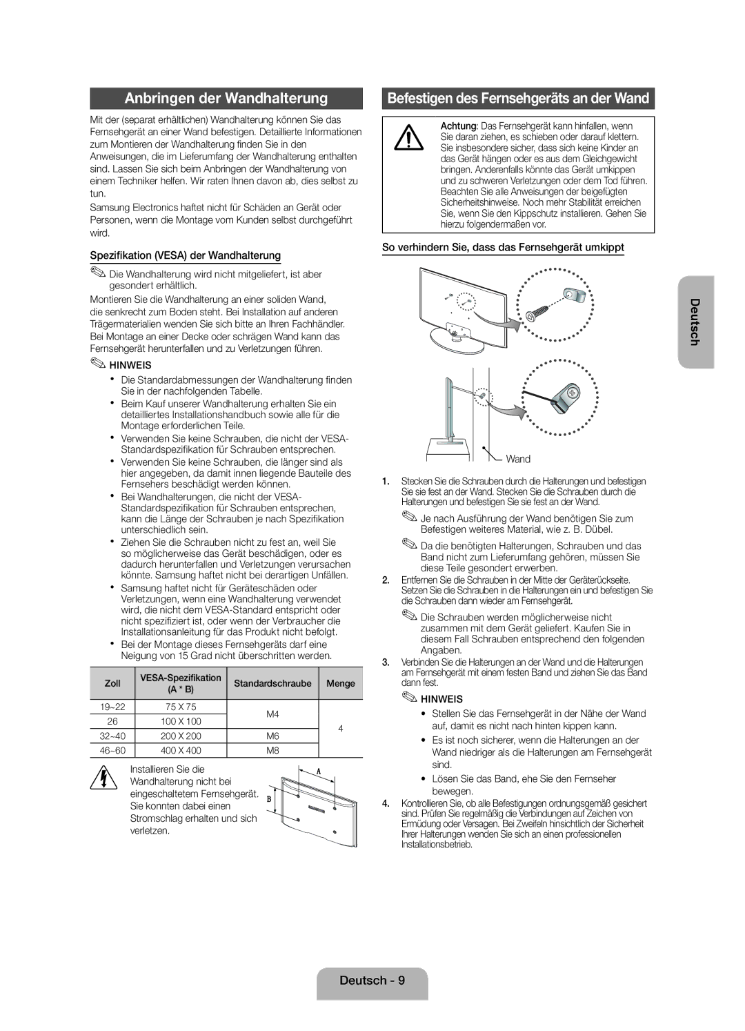 Samsung UE19ES4000WXZF manual Anbringen der Wandhalterung, Spezifikation Vesa der Wandhalterung 