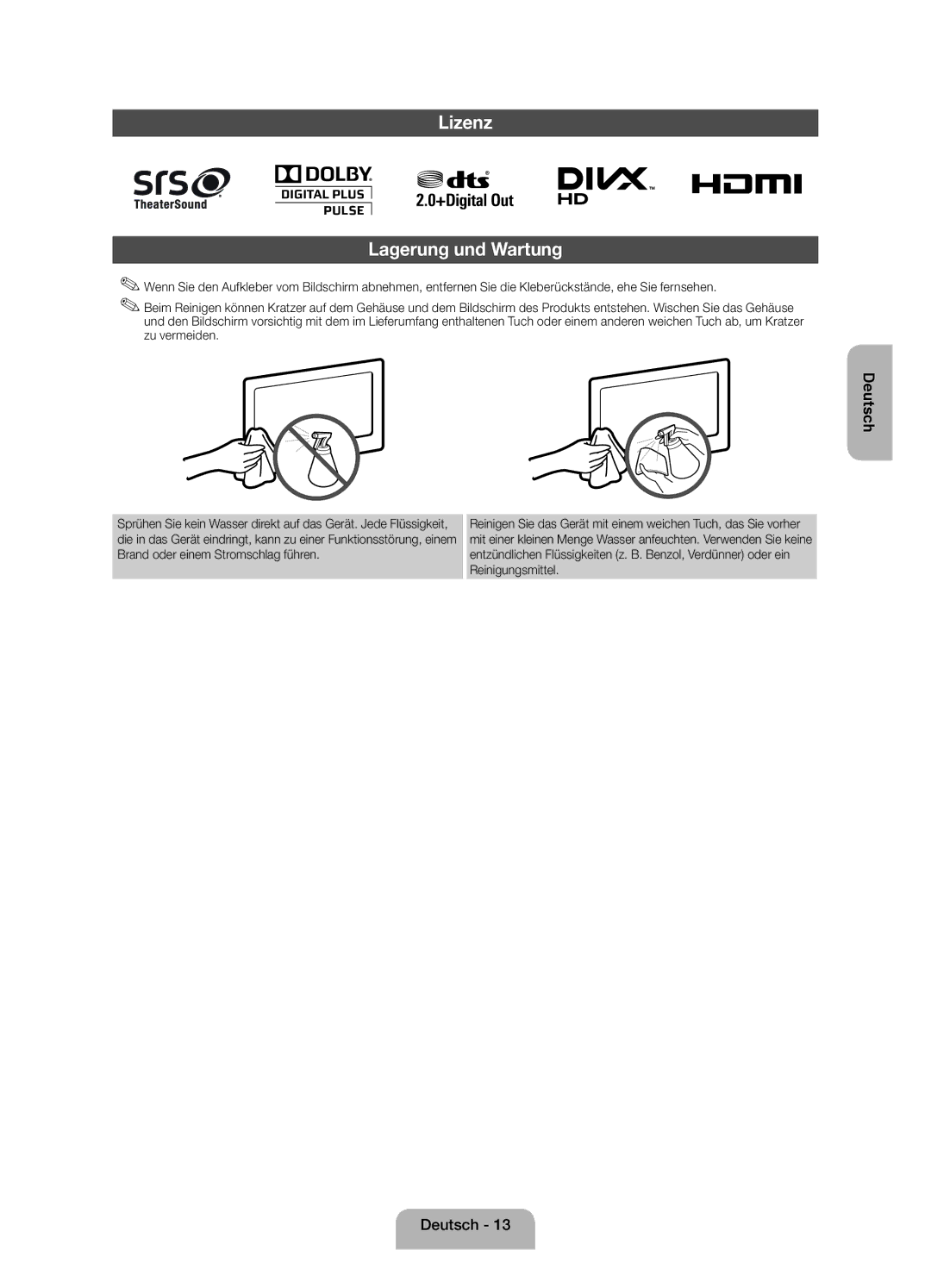 Samsung UE19ES4000WXZF manual Lizenz Lagerung und Wartung 