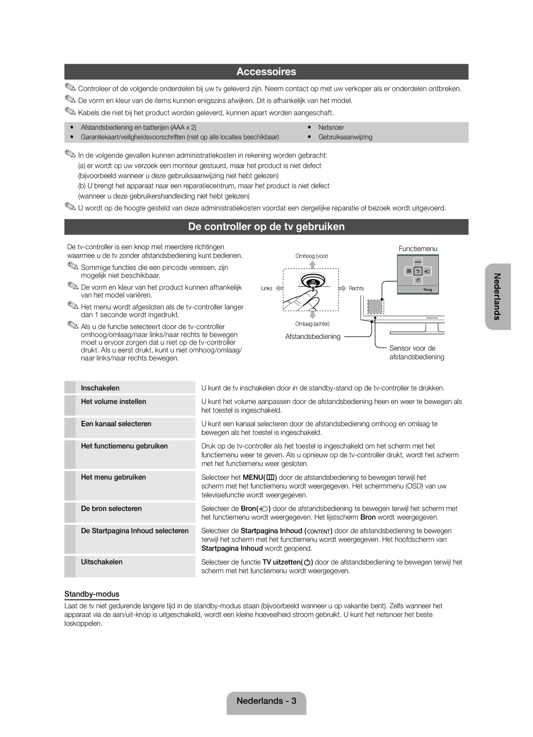 Samsung UE19ES4000WXZF manual De controller op de tv gebruiken, Functiemenu, Afstandsbediening 