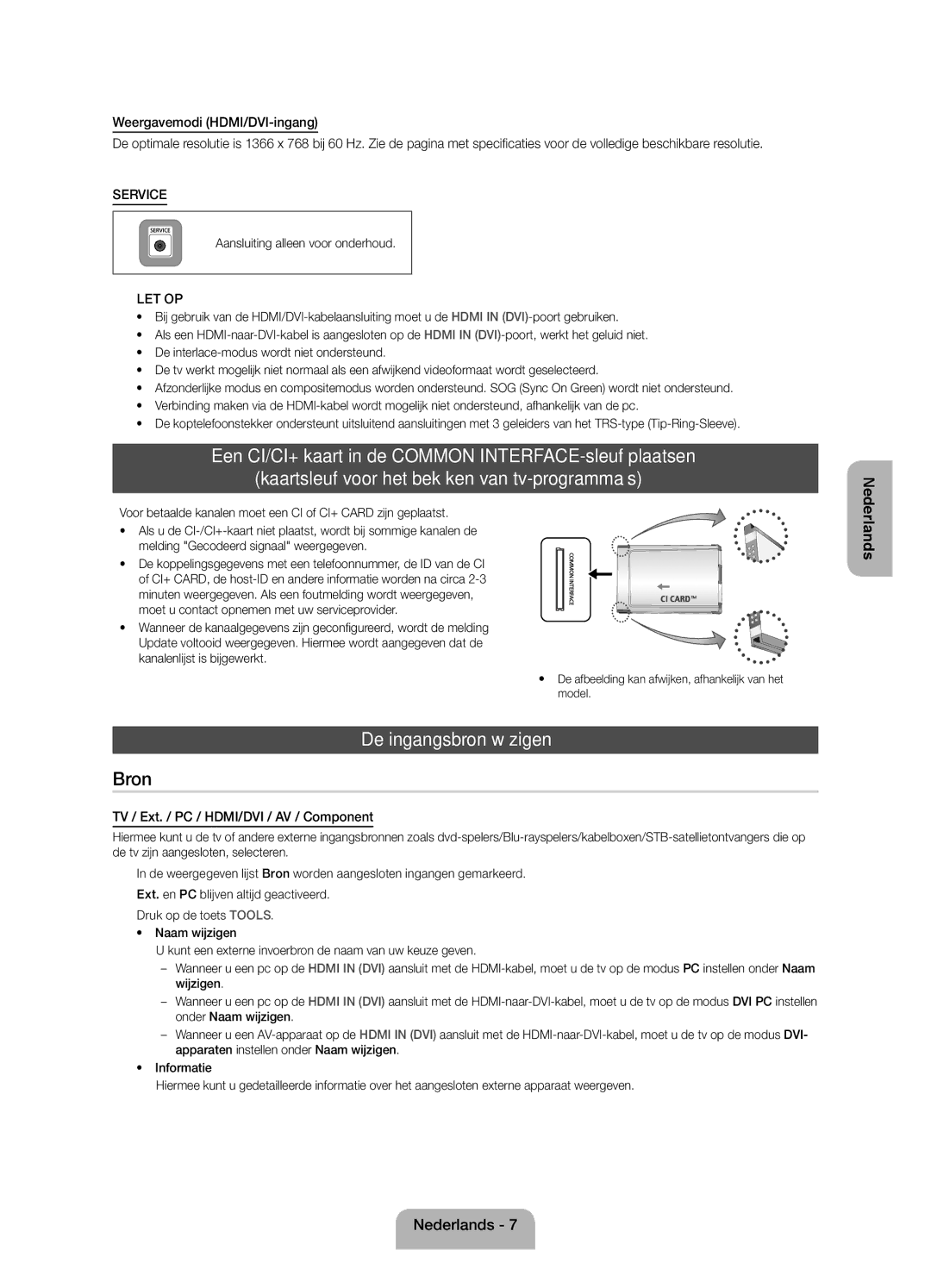 Samsung UE19ES4000WXZF manual De ingangsbron wijzigen, Aansluiting alleen voor onderhoud 