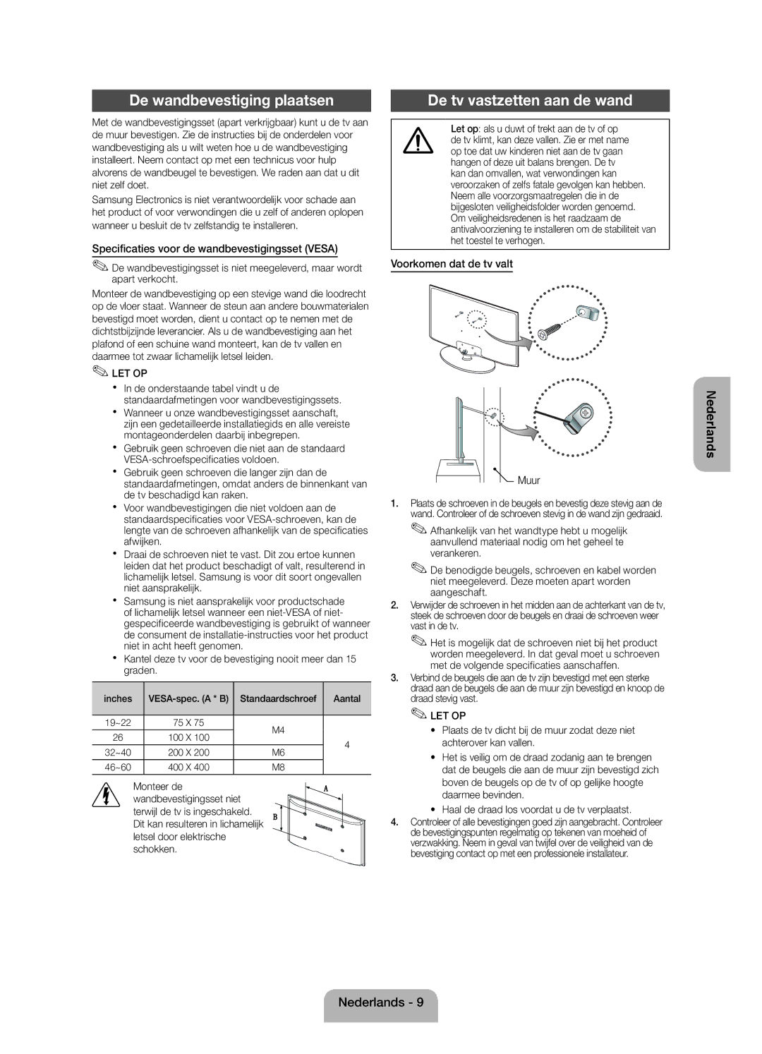 Samsung UE19ES4000WXZF manual De wandbevestiging plaatsen, De tv vastzetten aan de wand, Voorkomen dat de tv valt Muur 